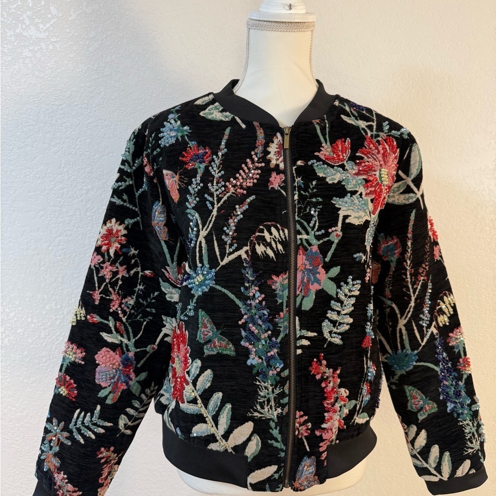 JOHN MARK Floral Embroidered Bomber Jacket Black Multicolor Women’s size M